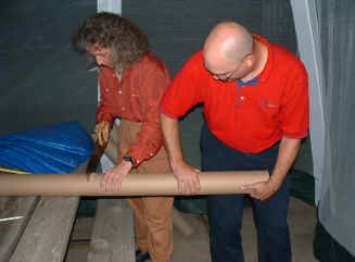 Steve Swope and Scott Raiche sawing the carboard tubes